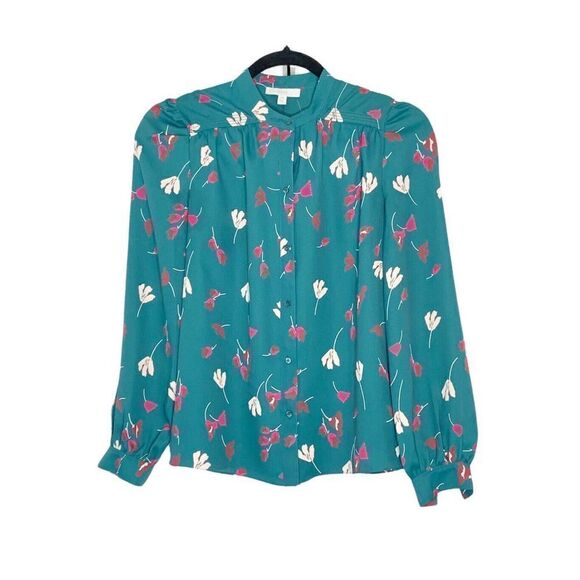 JOIE Women’s Myella Floral Print Blouse Size XXS Teal Long Sleeve Button Top - Picture 1 of 12